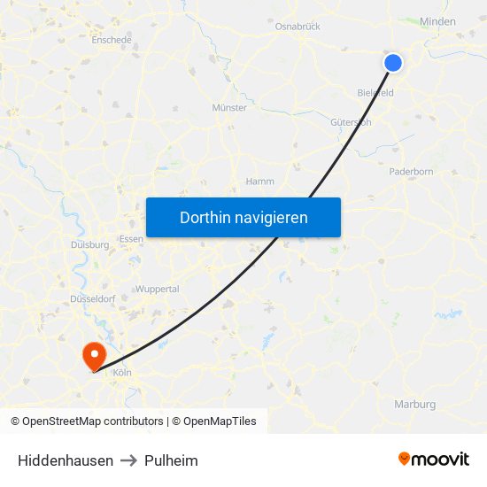 Hiddenhausen to Pulheim map