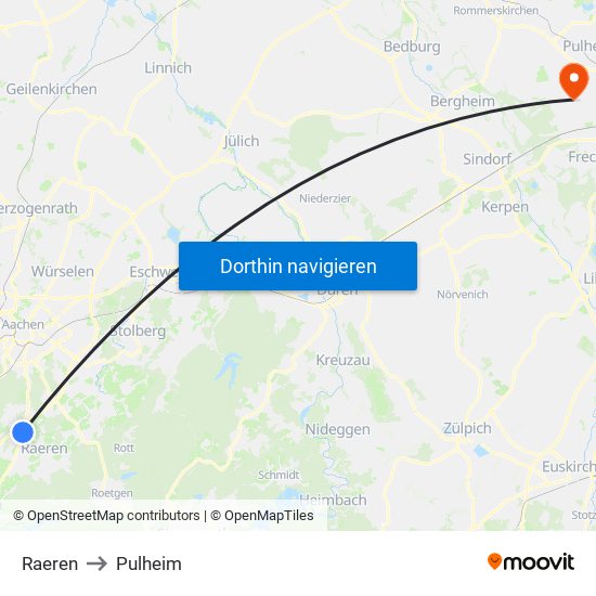 Raeren to Pulheim map