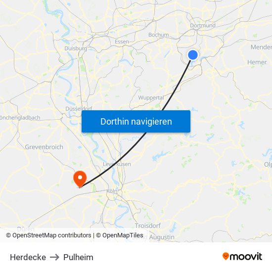 Herdecke to Pulheim map