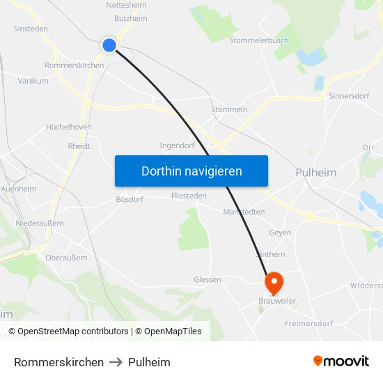 Rommerskirchen to Pulheim map