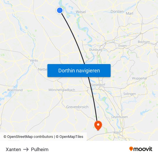 Xanten to Pulheim map