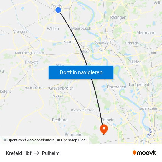 Krefeld Hbf to Pulheim map