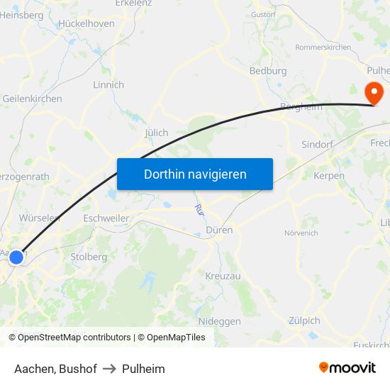 Aachen, Bushof to Pulheim map