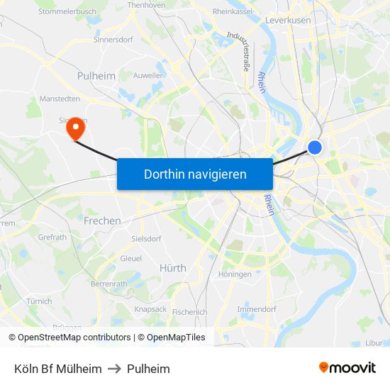 Köln Bf Mülheim to Pulheim map