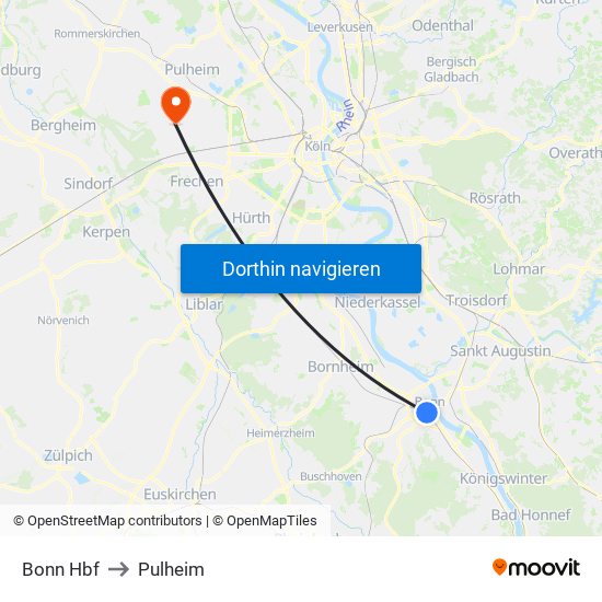 Bonn Hbf to Pulheim map