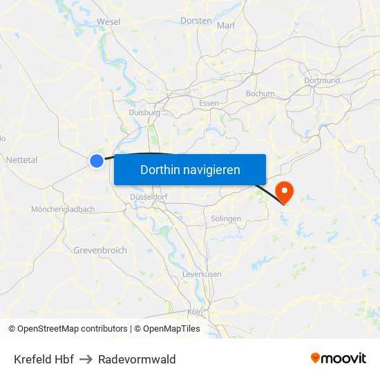 Krefeld Hbf to Radevormwald map