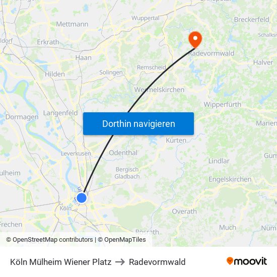 Köln Mülheim Wiener Platz to Radevormwald map