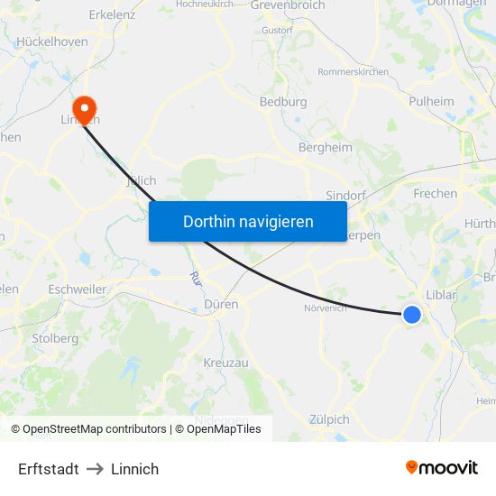 Erftstadt to Linnich map