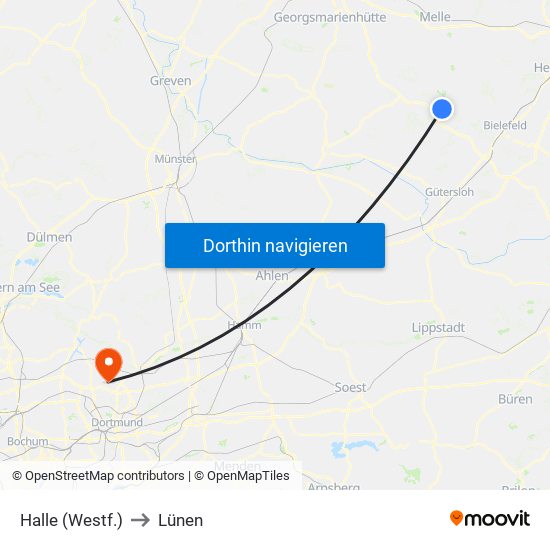 Halle (Westf.) to Lünen map