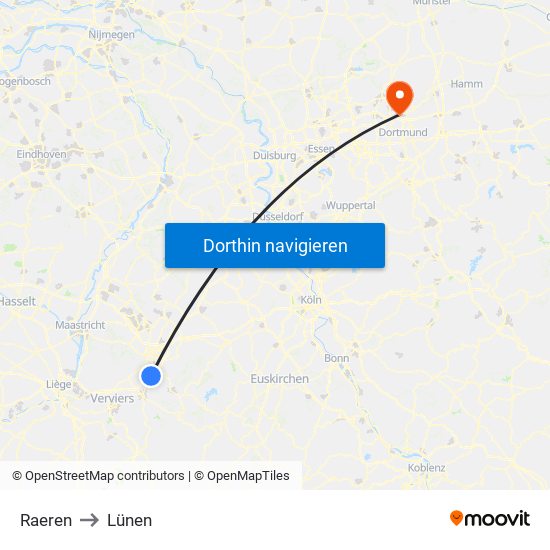 Raeren to Lünen map
