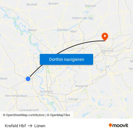 Krefeld Hbf to Lünen map