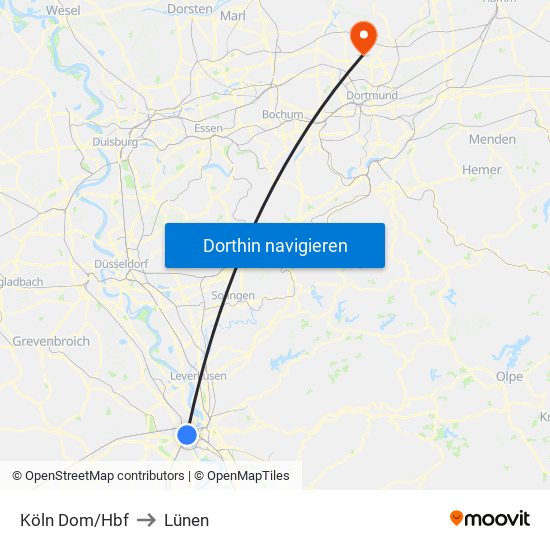 Köln Dom/Hbf to Lünen map