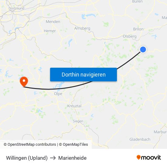 Willingen (Upland) to Marienheide map
