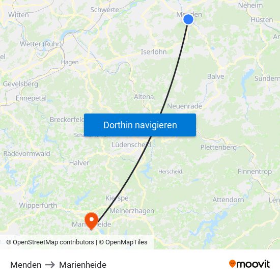 Menden to Marienheide map