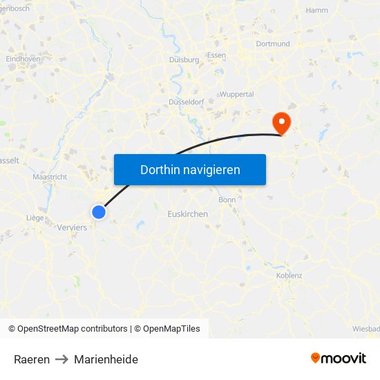 Raeren to Marienheide map
