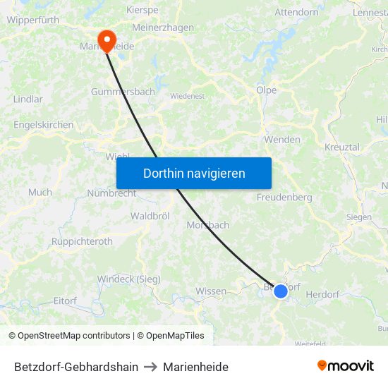 Betzdorf-Gebhardshain to Marienheide map