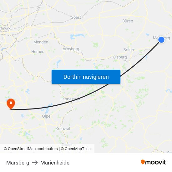 Marsberg to Marienheide map