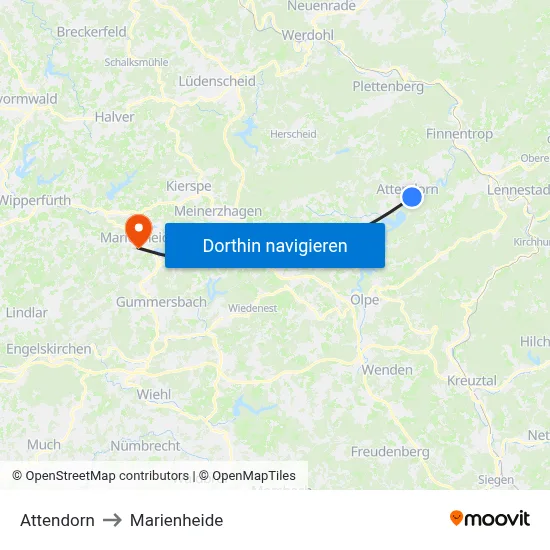 Attendorn to Marienheide map