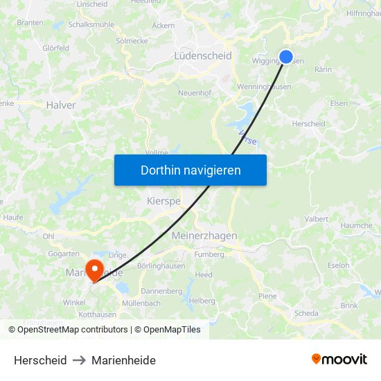 Herscheid to Marienheide map