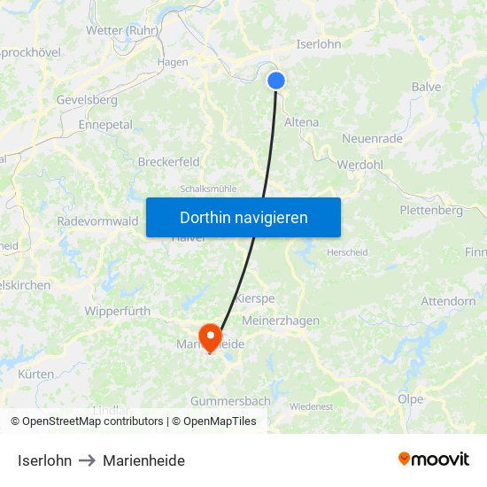 Iserlohn to Marienheide map