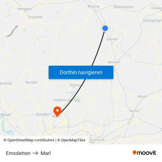 Emsdetten to Marl map