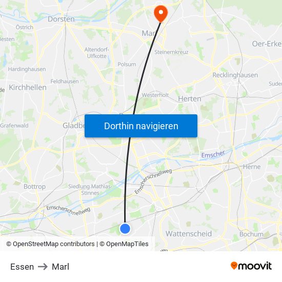 Essen to Marl map