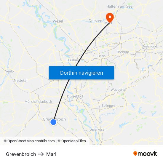 Grevenbroich to Marl map