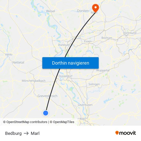 Bedburg to Marl map