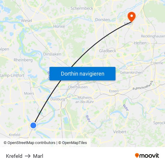 Krefeld to Marl map