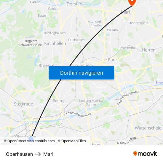 Oberhausen to Marl map