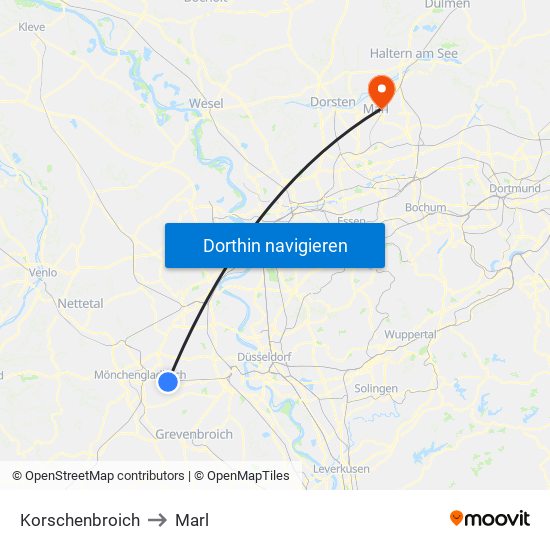 Korschenbroich to Marl map