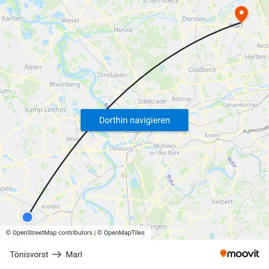 Tönisvorst to Marl map