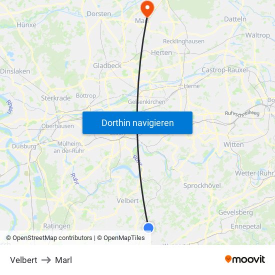 Velbert to Marl map