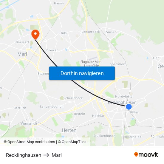 Recklinghausen to Marl map