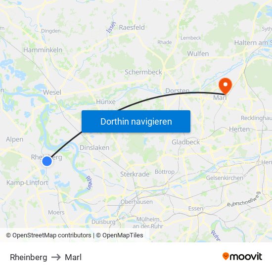 Rheinberg to Marl map