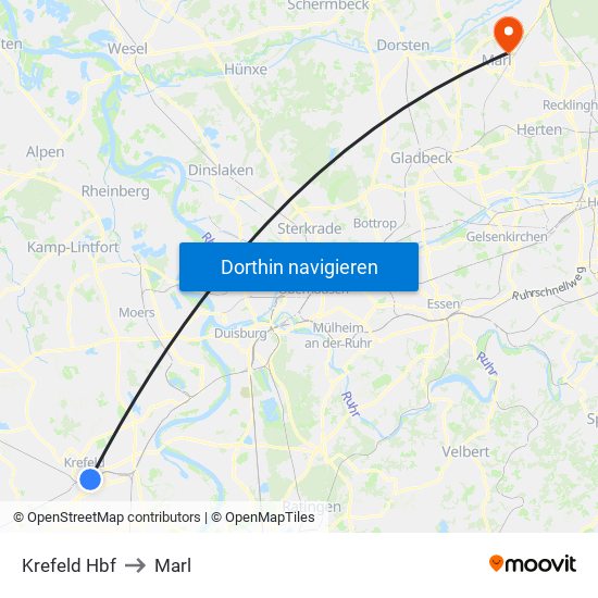 Krefeld Hbf to Marl map