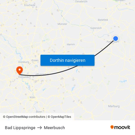 Bad Lippspringe to Meerbusch map