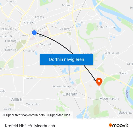 Krefeld Hbf to Meerbusch map