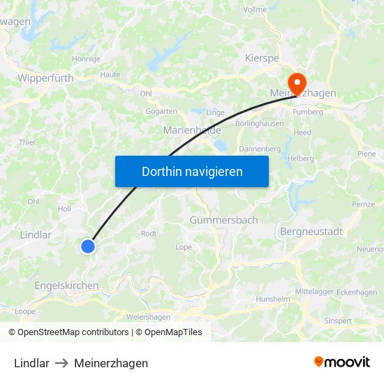 Lindlar to Meinerzhagen map