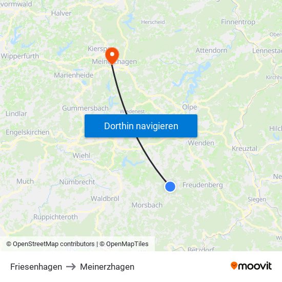 Friesenhagen to Meinerzhagen map