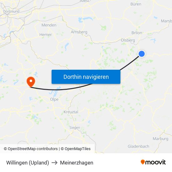 Willingen (Upland) to Meinerzhagen map