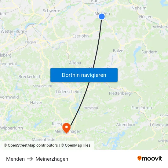 Menden to Meinerzhagen map