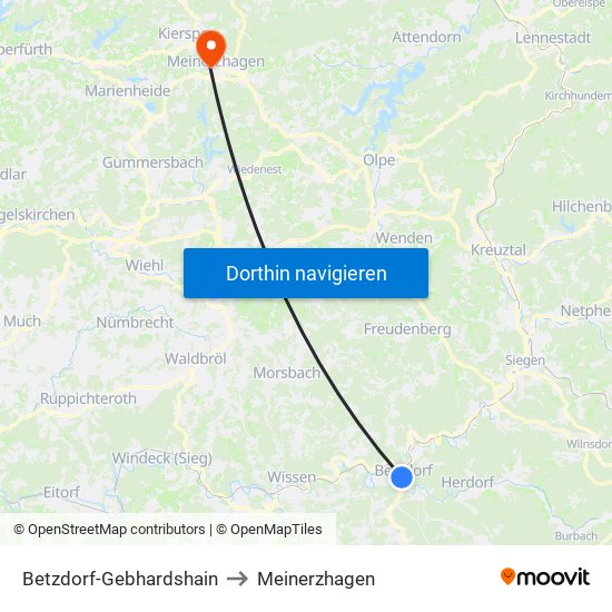 Betzdorf-Gebhardshain to Meinerzhagen map