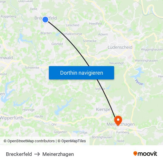 Breckerfeld to Meinerzhagen map