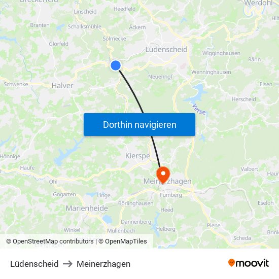 Lüdenscheid to Meinerzhagen map