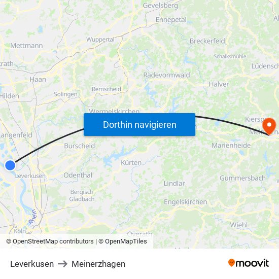 Leverkusen to Meinerzhagen map