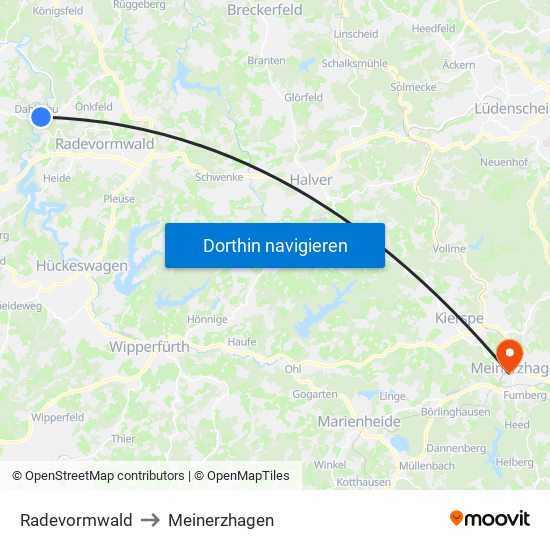 Radevormwald to Meinerzhagen map