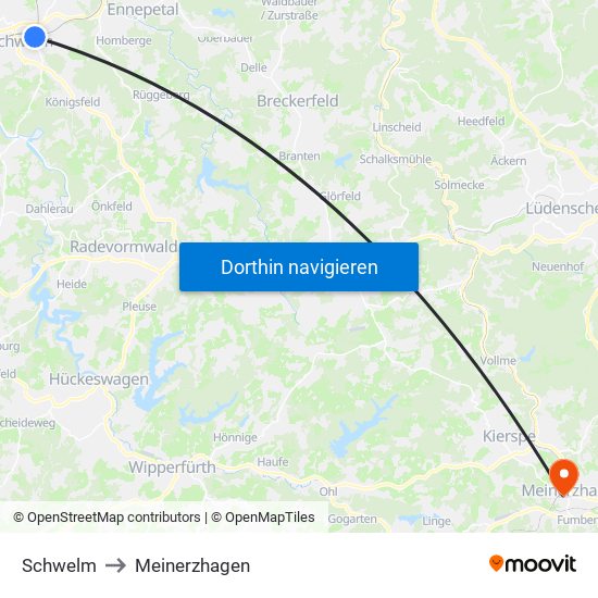 Schwelm to Meinerzhagen map