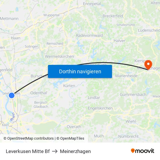 Leverkusen Mitte Bf to Meinerzhagen map