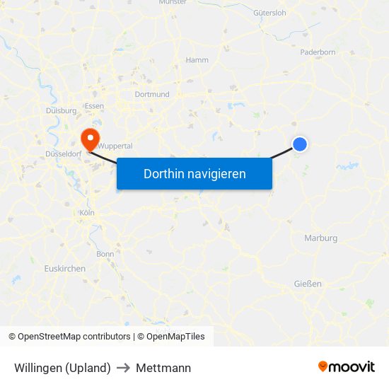 Willingen (Upland) to Mettmann map